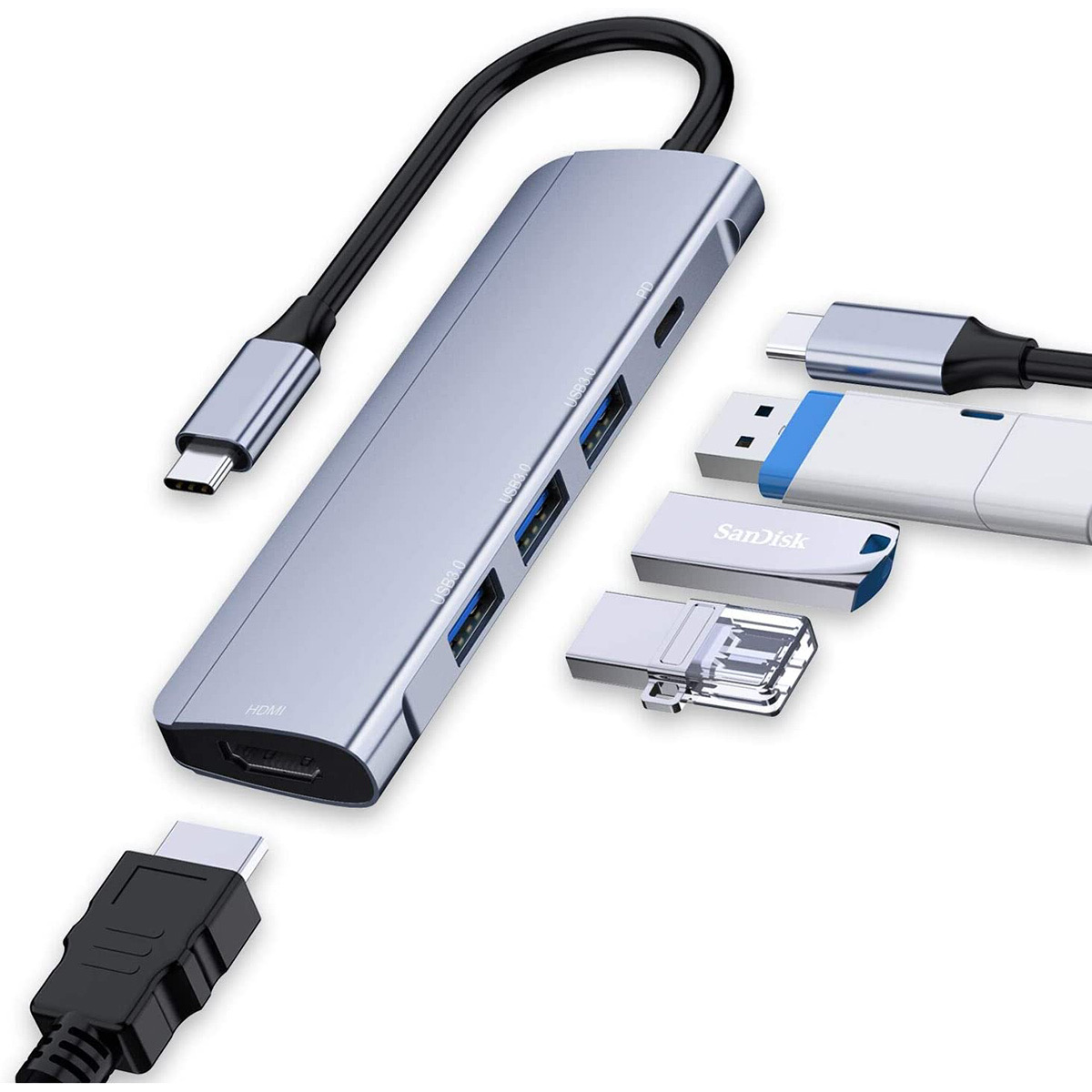USB Type C ハブ、ABLEWE USB C HDMI 変換アダプター 5in1 Type-C ハブ 4K HDMI出力 USB3.0ポート5Gbps高速伝送 Type-C PD充電ポート87W急速充電 MacBook MacBook Pro/ChromeBook対応