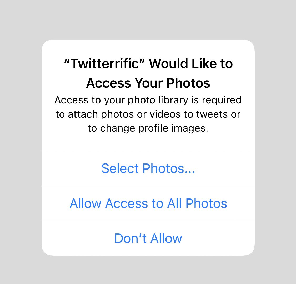 iOS 14では、アプリが写真へアクセスする許可方法が選べる